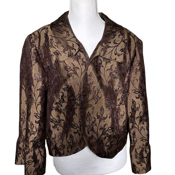 Jessica Howard Brown 20W Brocade Cropped
Open Bell Sleeve Holiday Jacket - Picture 1 of 7
